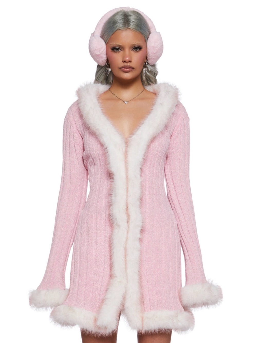 Sugar Thrillz Furry Pink Knit Cardigan with White Faux-Fur Trim